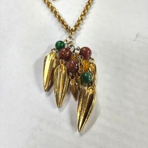 Vintage Long Pendant Necklace Gold Tone Glass Beads